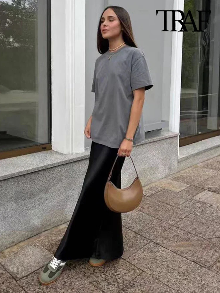 Womens Flowing Satin Midi Skirt High Waist With Elastic Waistband Female Skirts Chic Fashion 250320