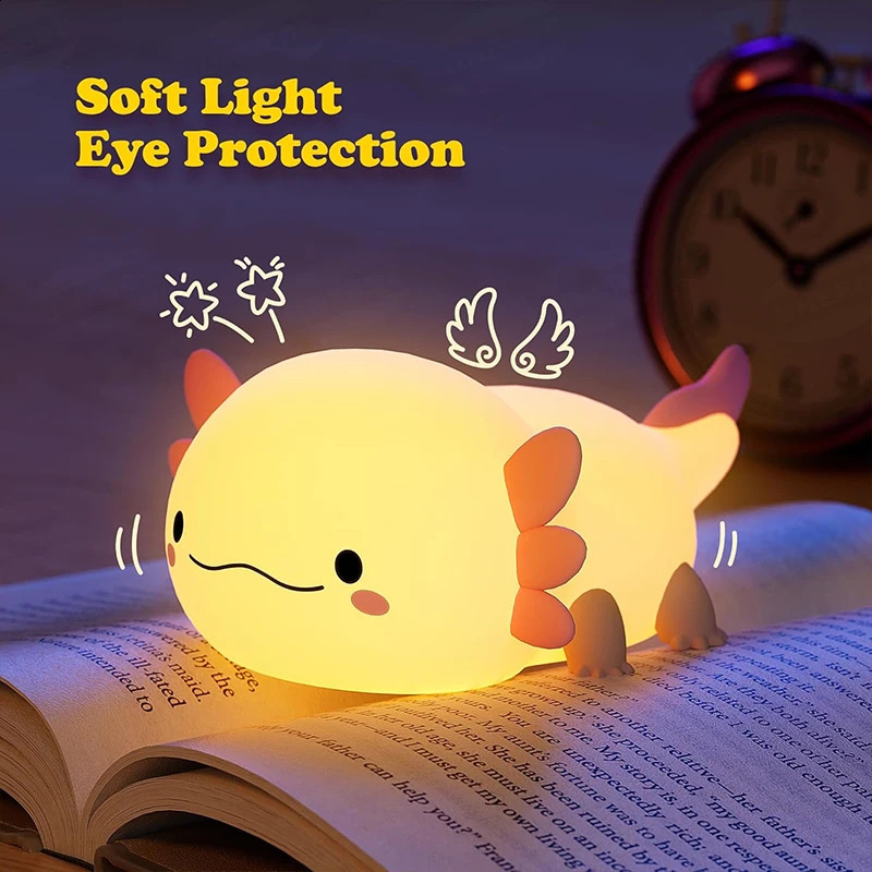 Cute Axolotl Night Light Silicone Nursery Sleeping Lamp Touch Control Nightlights USB Rechargeable Table Lamp for Baby Child 250319