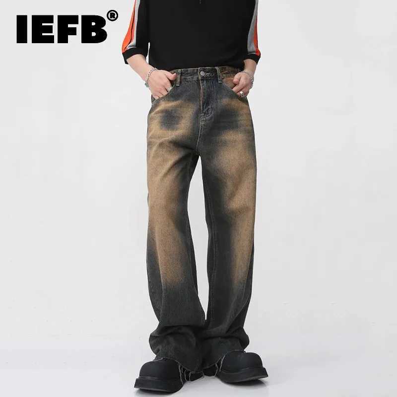 IEFB Retro Mens Burr Jeans Summer New Gradient Straight Denim Pants Street Mens Casual Wide Legs Trousers 9W460T250319