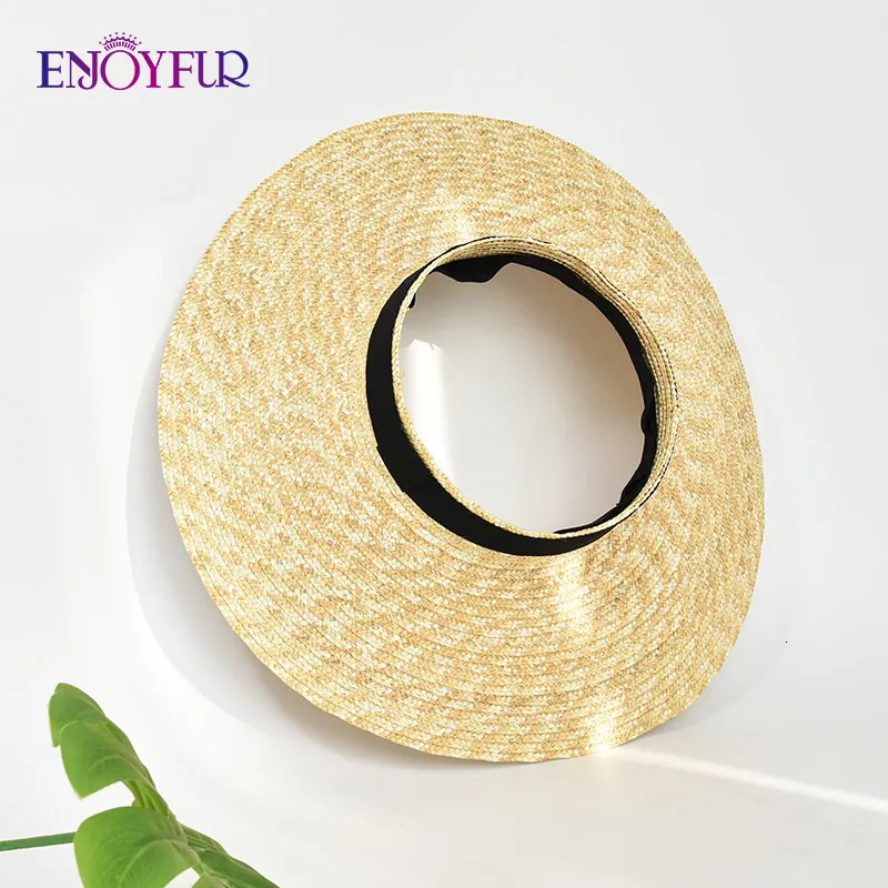 ENJOYFUR Women Summer Visor Hats Natural Straw Empty Top Beach Hat Quality Wide Large Brim Unisex Couple Travel Sun Caps 250320