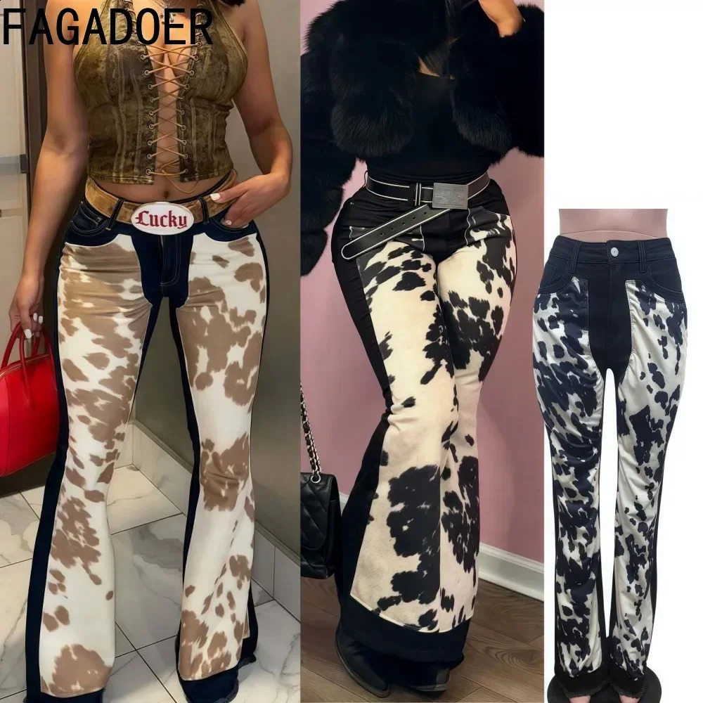 FAGADOER Spring Y2k Fashion Printing Patchwork Denim Pants Women Zipper Buttons Flare Jeans Female Streetwear Bottoms 250319