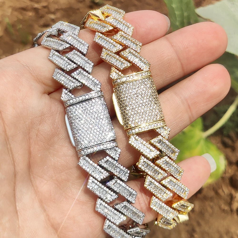 18K Gold Plated Miami Cuban Chain 18mm Iced Out Choker Cuban Link Chain Rectangle Stone Prong Fashion Hip Hop Jewelry For Men