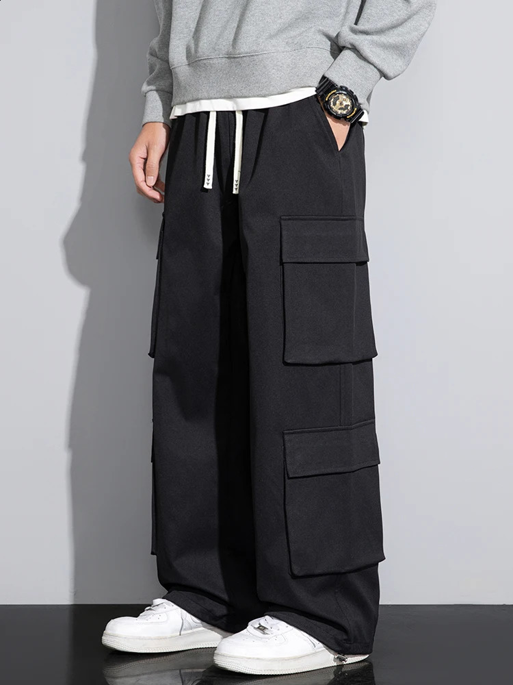 Mens Wide Leg Cargo Pants Spring Summer High Street Fashion MultiPocket Casual Big Size Loose Fit Straight Trousers 250317