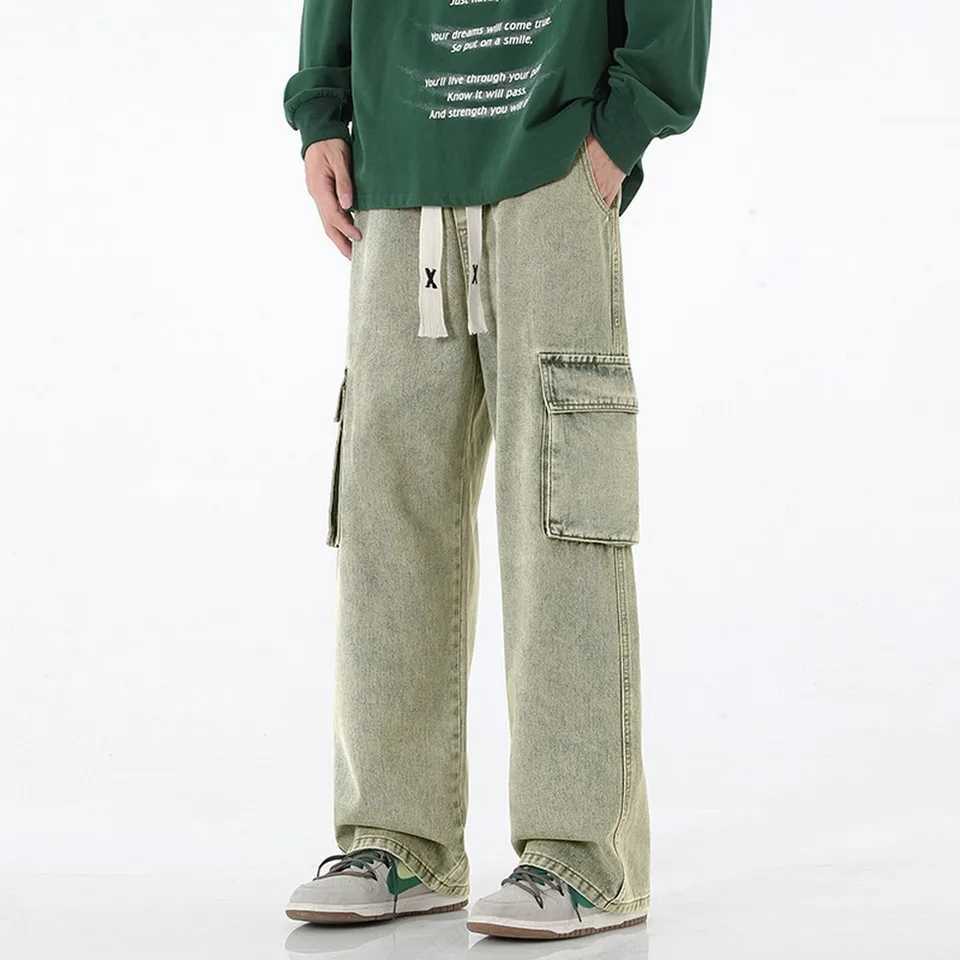 Retro Y2K pocket jeans mens American streetwear straight denim cargo pants solid wash elastic waist PantalonesT250319
