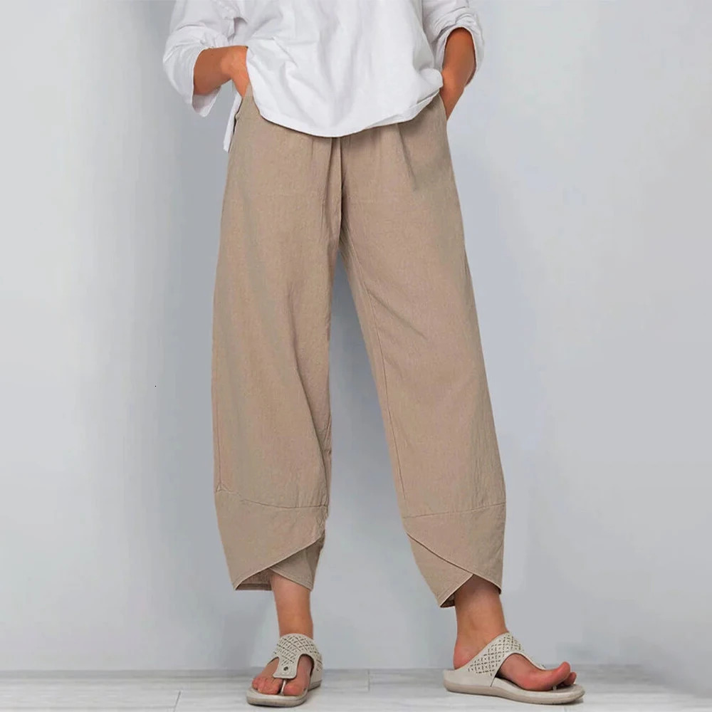 Women Cotton Linen Harem Pants Vintage Printed Wide Leg Trousers Casual Solid Pockets Harajuku High Waist Baggy Pants Joggers 250320