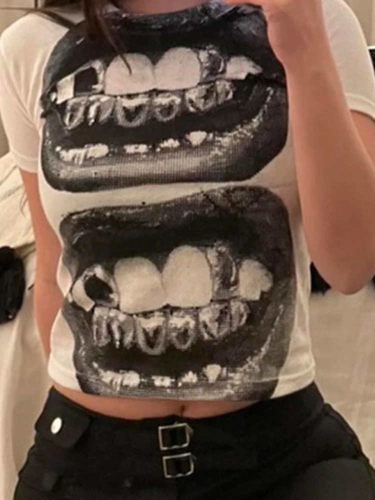 Punk Y2K Short Sleeve Top Gothic Street T-shirt Womens Leisure Basic T-shirt Womens Summer Top E s Gothic EMO 250320