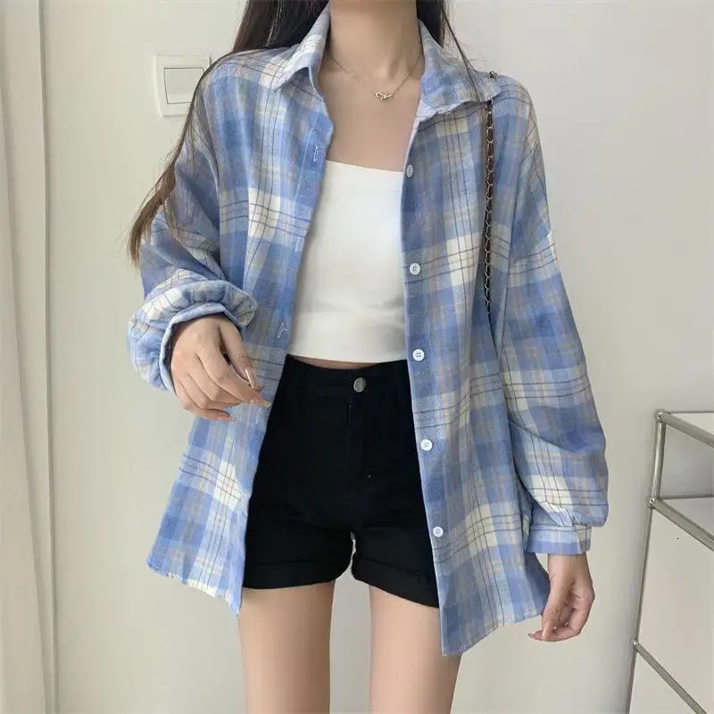 Spring Casual Plaid Shirt Women Long Sleeve Top Female Vintage Single Breasted Blouse Ladyies Preppy Style Loose Check Shirts 250320