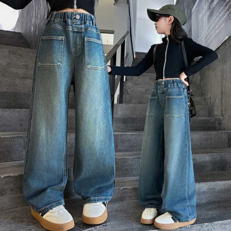 Girls wide leg jeans 6 8 9 10 12 14 Years Spring and Autumn loose retro straight pants fashion for teenagers and children TrouserT250326