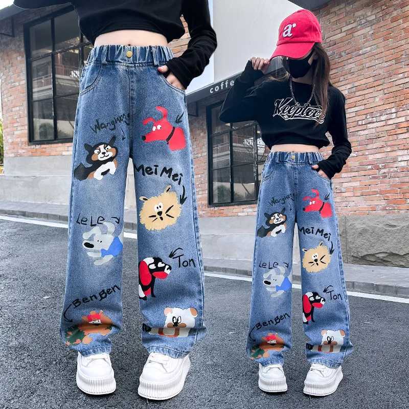 Teenage Girls Jeans New 2025 Cartoon Printed Elastic Middle Waist Loose Denim Trouser Spring Fashion Childrens Cute Wide Leg PantsT2502320