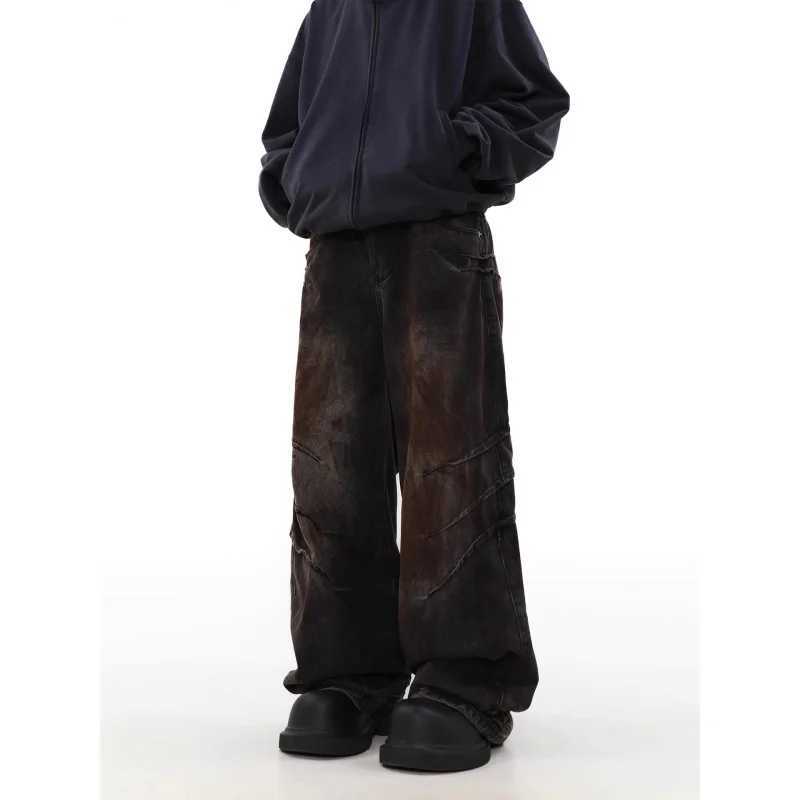Mens loose jeans casual pleated autumn and winter street fashion for mens loose long leg straight pantsT250319
