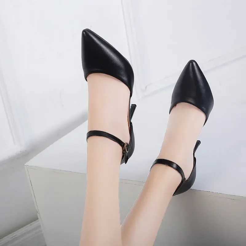 Soft Leather Wens ShoesPointed Toe2024 Spring New High HAnkle StrapCover HeelFem FootwareBig SizeBLACKBEIGE Y250319