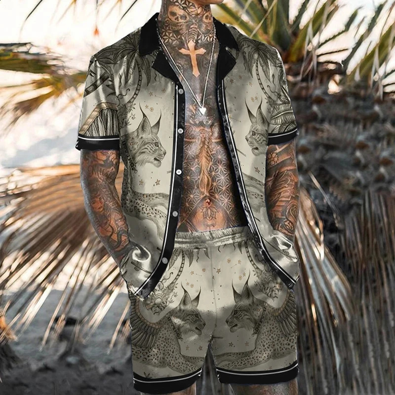 Men Shirt Sets 3d Print Retro Ethnic Style Floral Short Sleeve Casual Oversized Beach Shorts Summer Streetwear Hawaiian Suits 250319