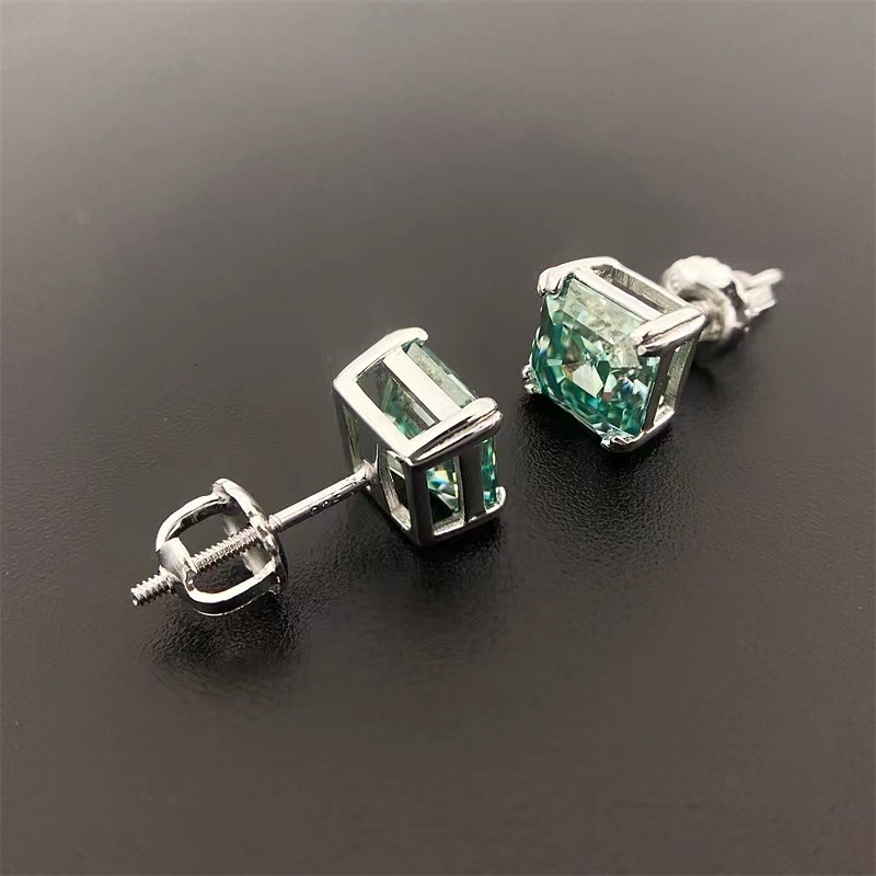 Trendy 925 Sterling Silver Blue Green Color VVS1 Asscher Cut Moissanite Stud Earrings Screw Back for Women Men Jewelry Gift