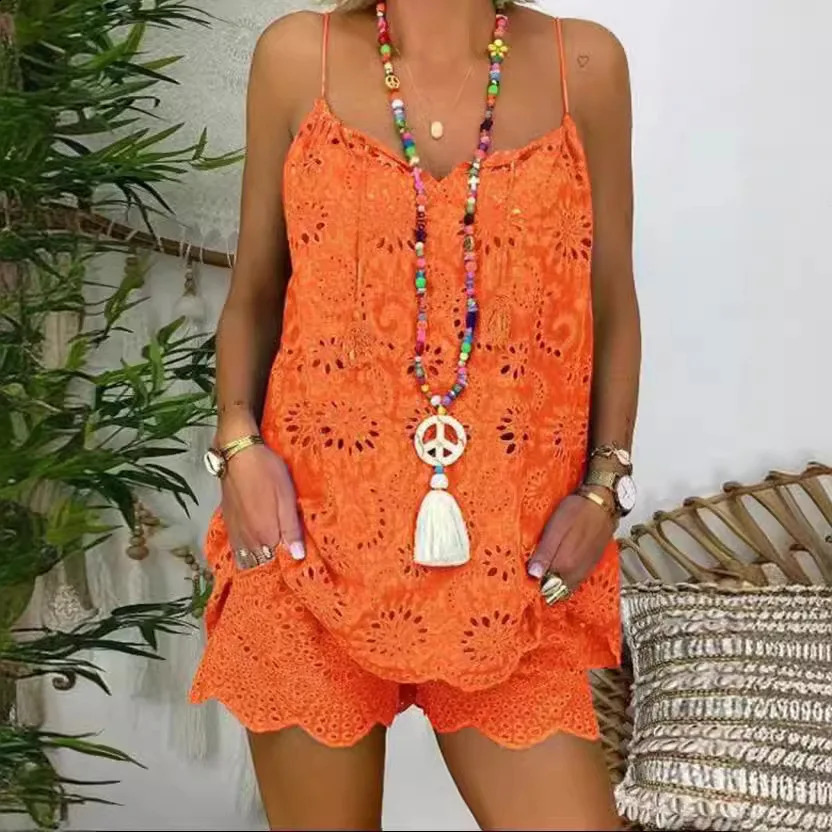 two-piece womens casual V-neck sleeveless embroidered top set fashion womens set 250318