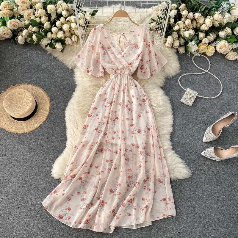 Womens Dress Tender Robe De Designer Clothes Women Designer Vacation Dress Summer 2025 New Sexy V-neck Waist Slim and Long Chiffon Flower Beach Skirt