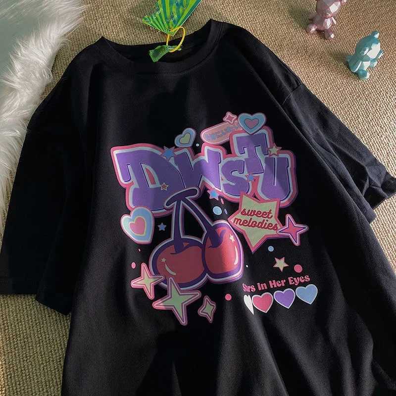 Women T Shirt Fruit Print Harajuku Tshirt Kawaii Loose Short Sleeve Cute Oversized Tee Clothes Y2k Top Anime Graphic T-shirtT250320