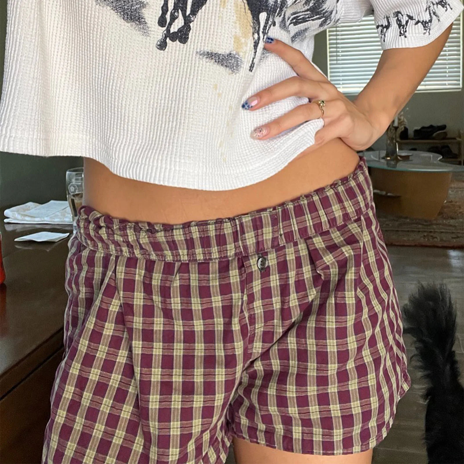 Women Y2K Plaid Pajamas Shorts Elastic Waist Wide Leg Gingham Boxer Lounge Shorts Checked Pj Bottom Going Out Shorts 250319
