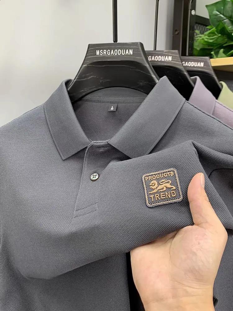 High quality ice silk mens short sleeved breathable polo shirt summer fashionable embroidered casual lapel T-shirt 250319
