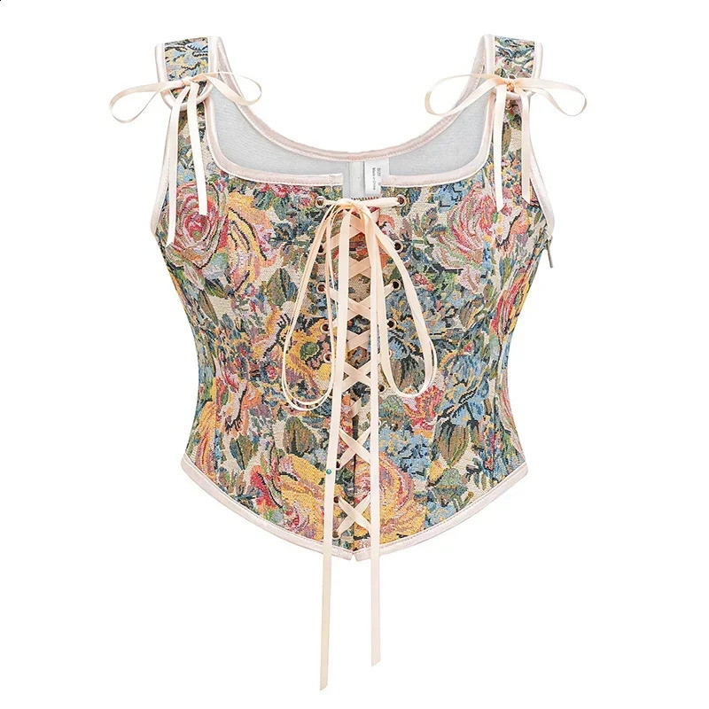 Vintage Gothic Women Corsets Lace Up Zip Floral Prints Corset Tank Top Sexy Waist Trainer Body Shaper Shapewear Slimming Vest 250319