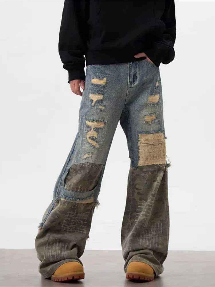 2024 Garbage Y2K Street Clothing Tear Stacked Bag Jeans Mens Clothing Camouflage Patch New Rock Hip Hop Cowboy Trojan HorseT250319