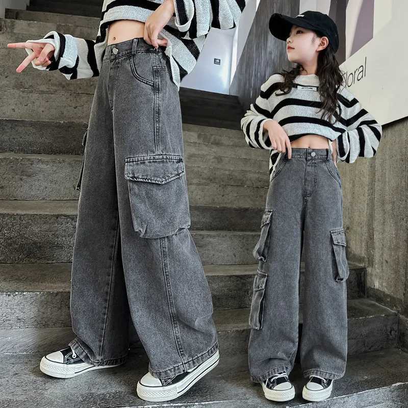 Teenage girl wide leg cargo jeans 2024 autumn fashion childrens casual denim pants school young childrens straight bag handcart 15YT2502320