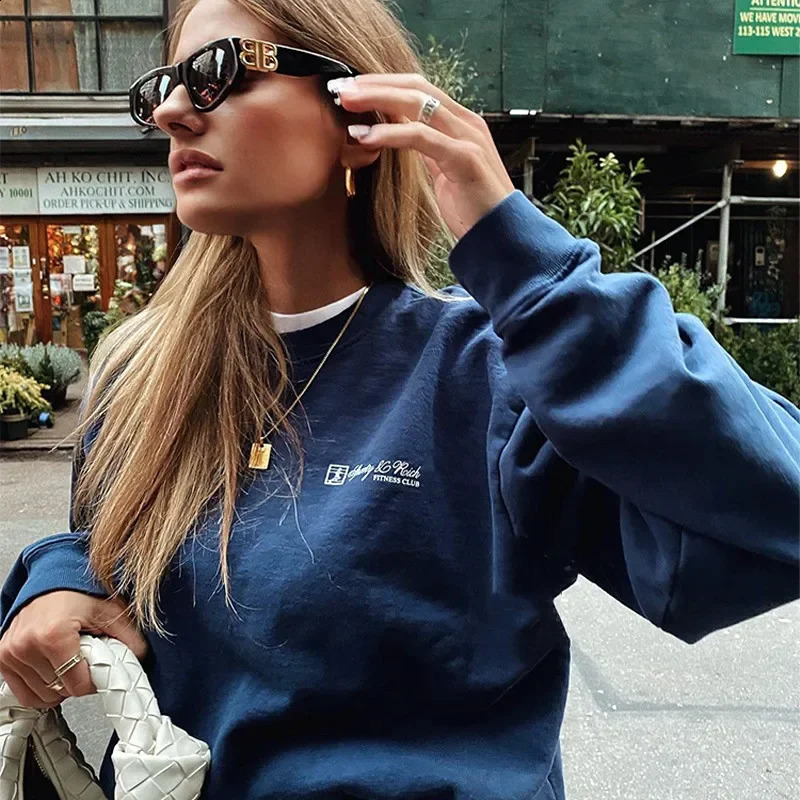 Sporty Make You Health Letters Printing Vintage Oversized Cotton Autumn Pullover For Women 90s Street Fashion Navy Sweatshirts 250319