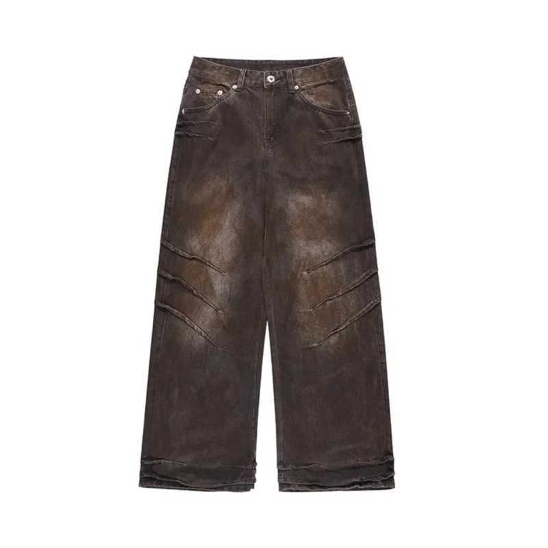 Mens loose jeans casual pleated autumn and winter street fashion for mens loose long leg straight pantsT250319