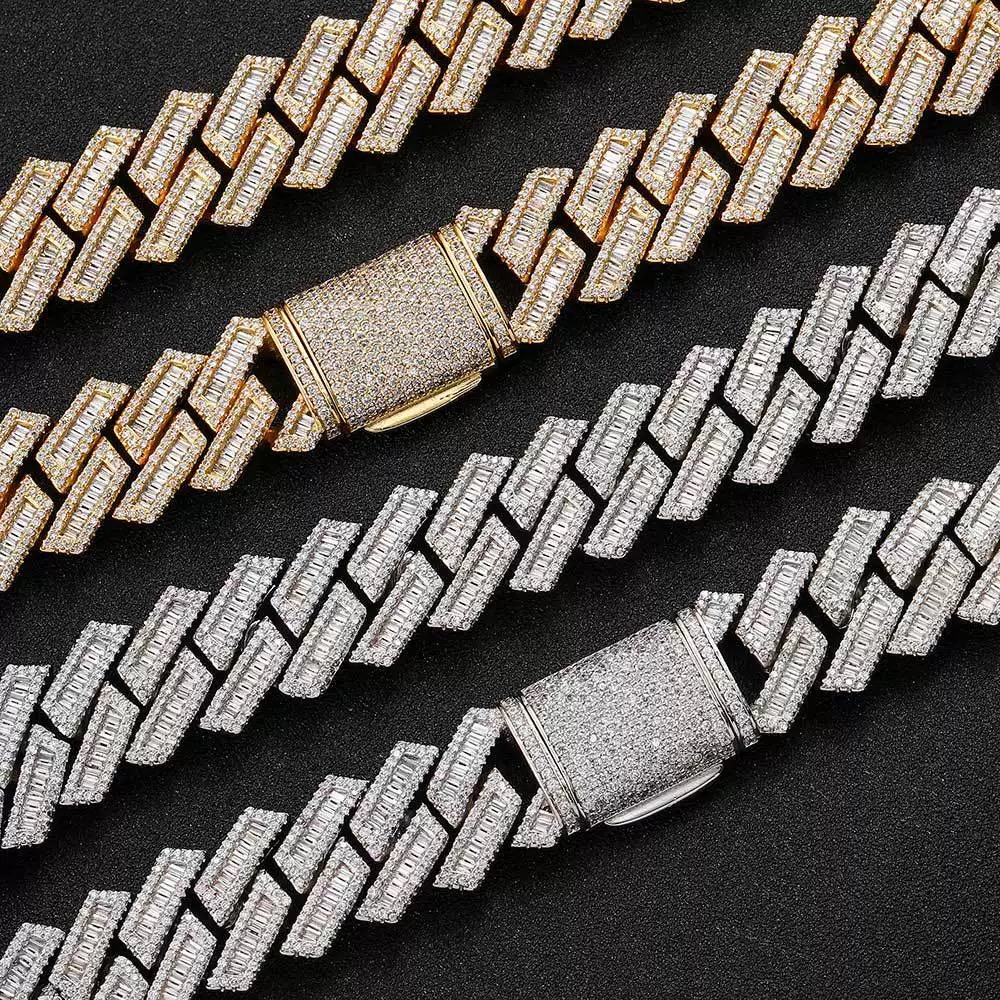 Hip Hop Jewelry Style 15mm 20mm Sterg Sier Round Baguette VVS Dia Iced Out Moissanite Cuban k Chain