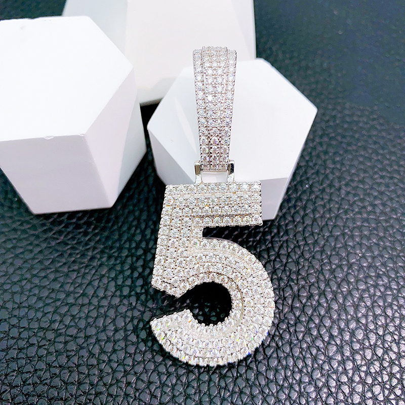 Hiphop Luxcky 0-9 Number Moissanite Pendant 925 Sterling Silver Iced Moissanite Arabic Numerals Pendant White Gold Plated Gift