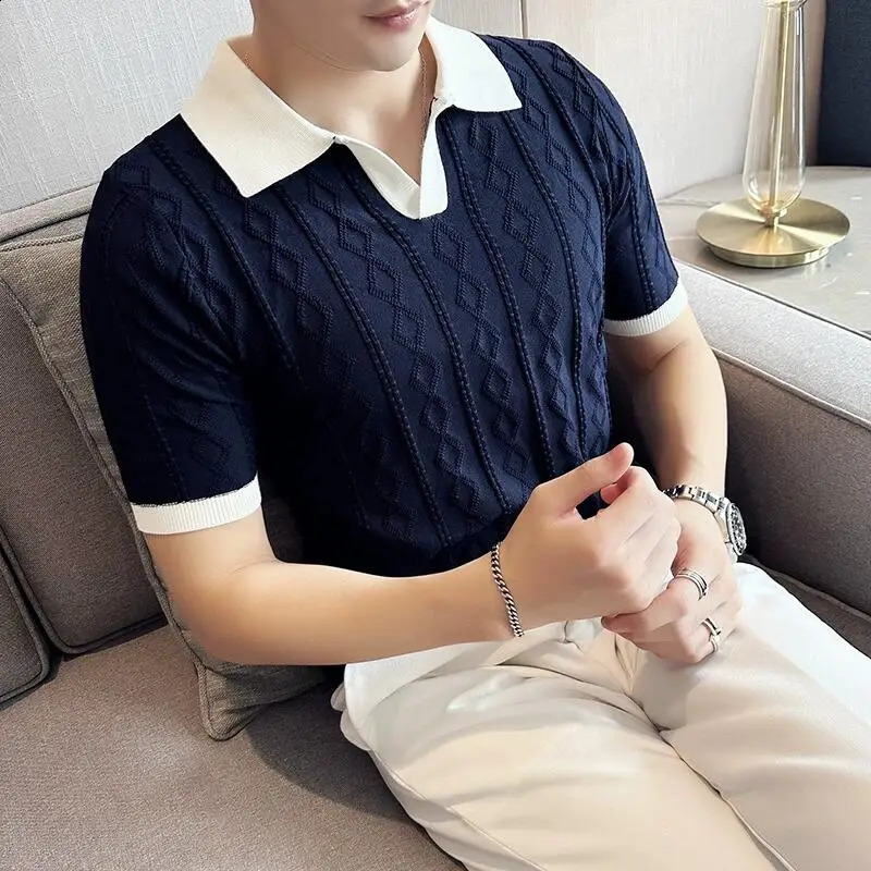 Summer Stripe Jacquard Short Sleeved Knitted Polo Shirt Mens V-neck Contrast Color Slim Fit Casual Business Tee shirt Tops 3XL 250317