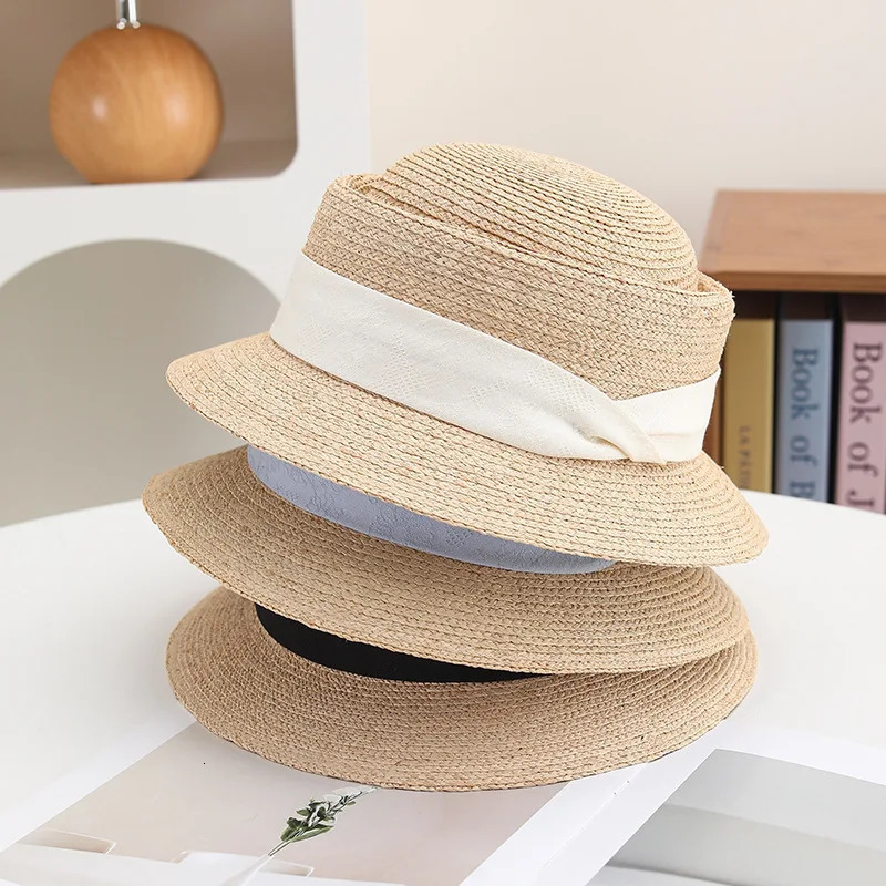 South Korea light high-end thin raffia grass concave top small hat 2025 French flat top curling holiday sun hat 250320