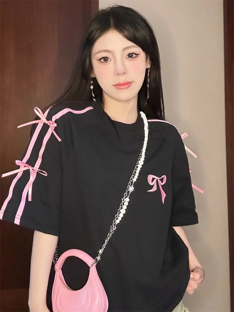 Korean style threedimensional bow pure cotton shortsleeved summer niche lady n embroidered casual versatile top 250311