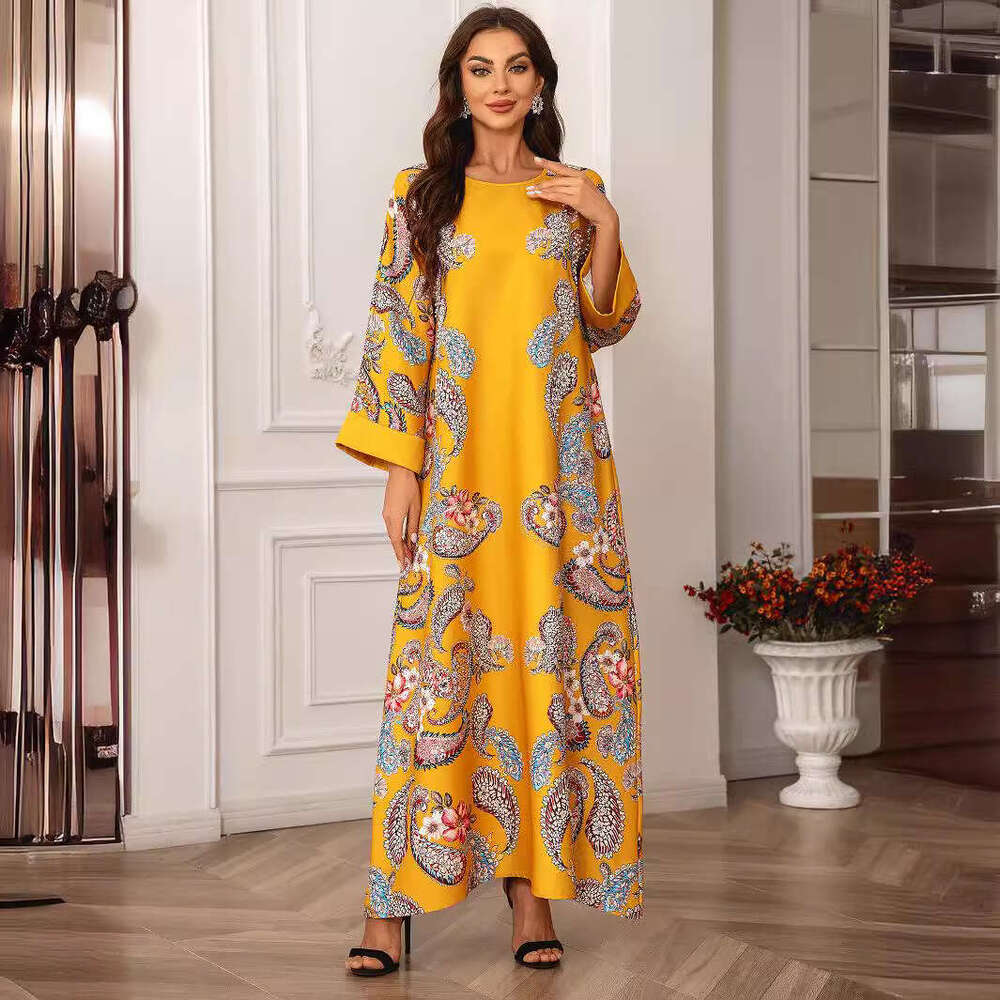 2405 Muslim Women's Robe Round Neck Home Dress Long Sleeved Floral Rhinestone Studded Nail Beads