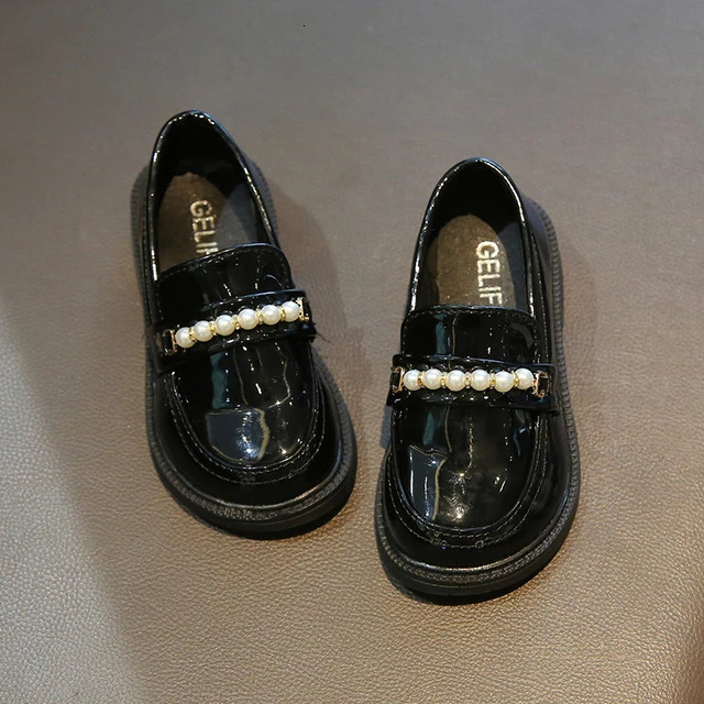 Girl leather shoes school party childrens wedding black coat apartment British style pearl beads 250319