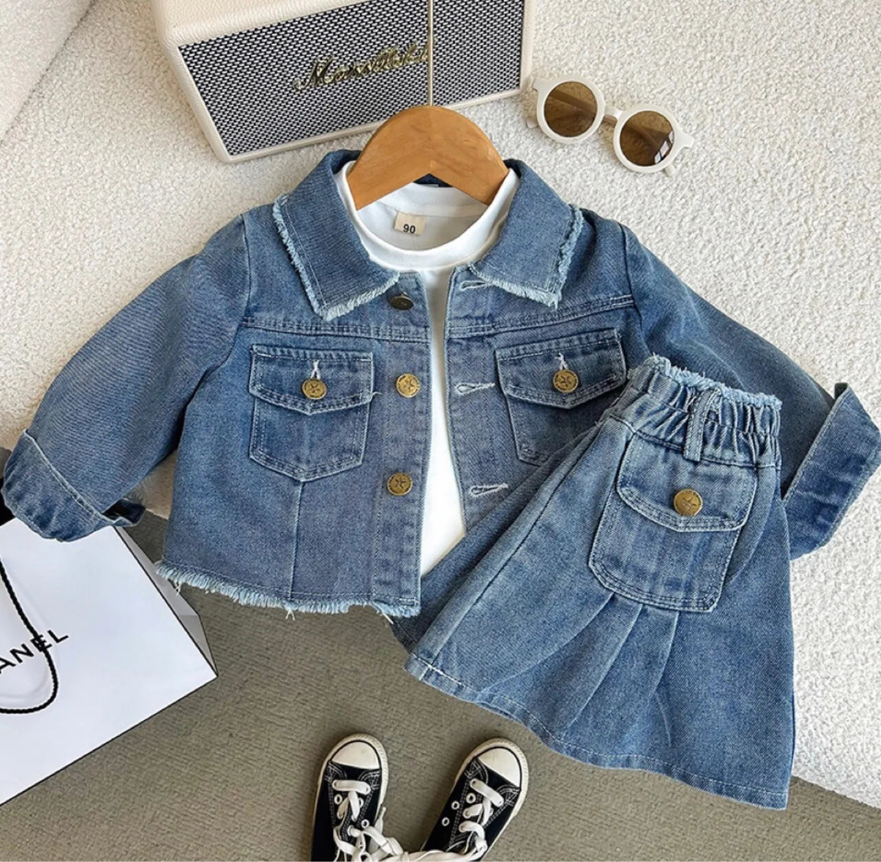 Spring Autumn Blue Retro Turndown Collar Long Sleeves Girls Solid Color Cotton Denim Jacket Short Skirts Twopiece Suit 250319