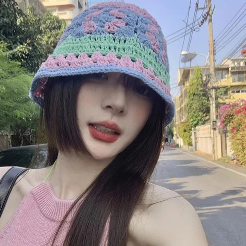 Flower Knitted Bucket Hats for Women Handmade Crochet Hollow Basin Hat Ladies Skullies Cap Spring Summer Sunscreen Sun Hat Gorro 250320