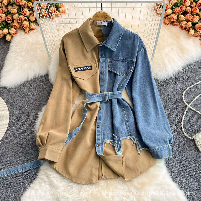 Designer Coat Women Denim Patchwork Lapel Dress for Spring and Autumn 2025 New Collection Waist Slimming Irregular Mid Length Shirt Autumn Dress Women