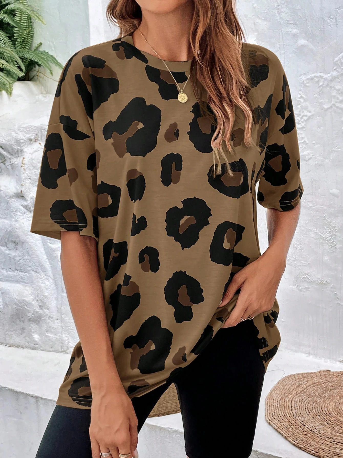 Summer Fashionable Leopard Print Oversized Round Neck Womens Basic T-Shirt Short Sleeve Mens T-shirt Tops Tee 250320
