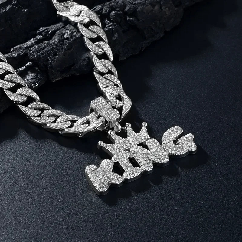 Men Women Hip Hop Bling KING QUEEN Letter Pendant Necklace 13mm Miami Cuban Link Chain Necklaces Iced Out Charm Fashion Jewelry 250320
