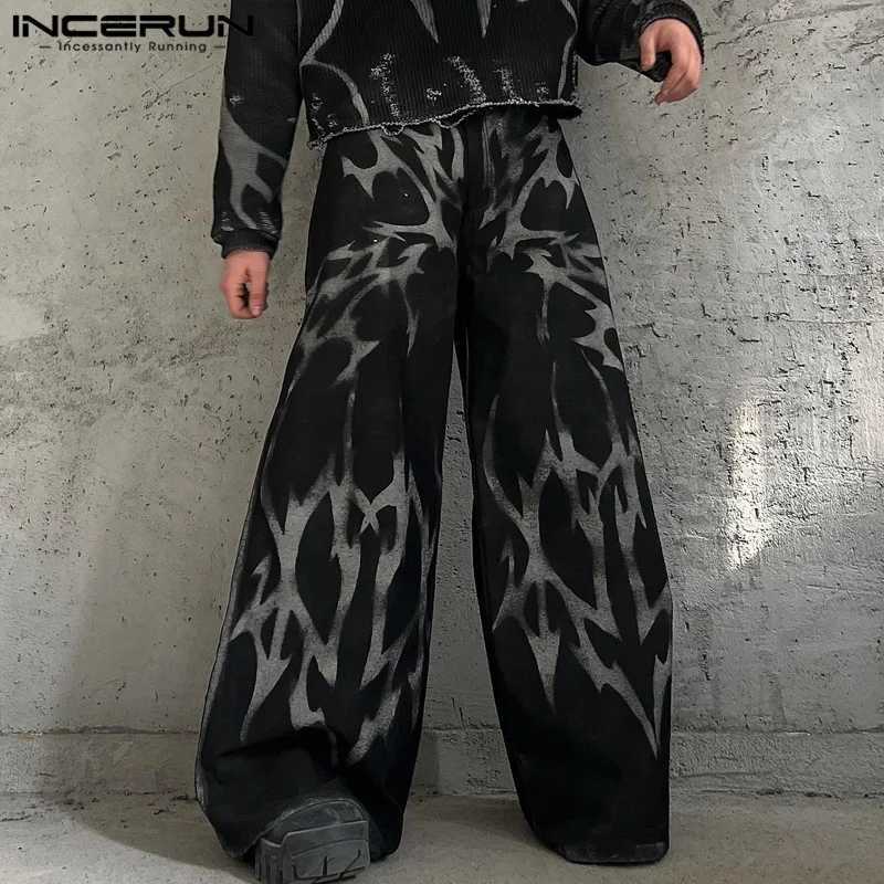 INCERUN Mens Street Loose Pants 2024 Casual Printed Wide Legs Trouser Gradient Pattern Mens Button BottomT250319