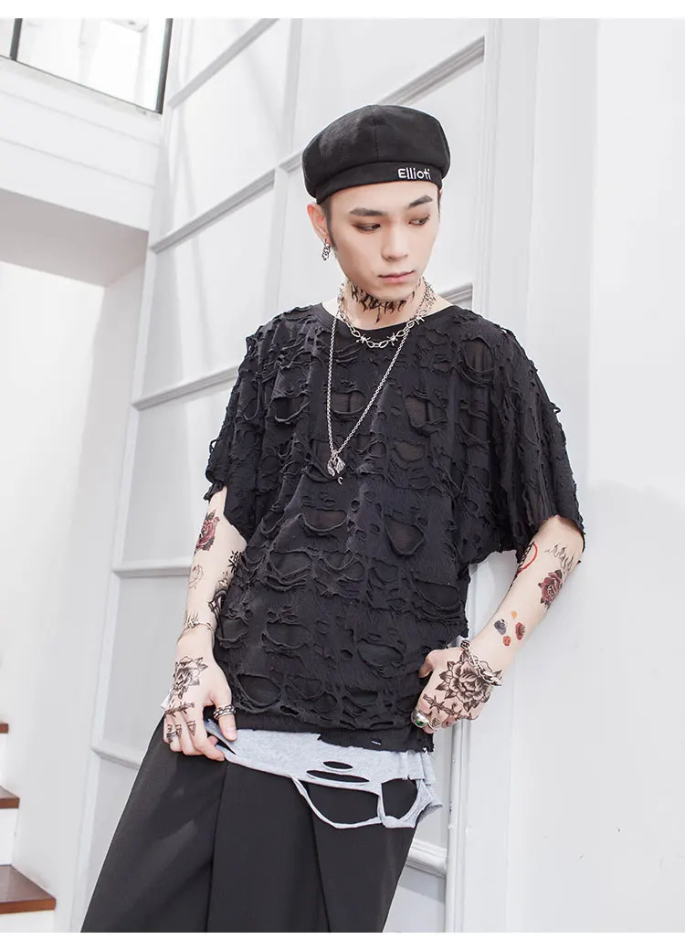 Dark summer personality hole alternative perspective mesh loose short sleeve Tshirt trendy mens ins bottom coat shirt 250320