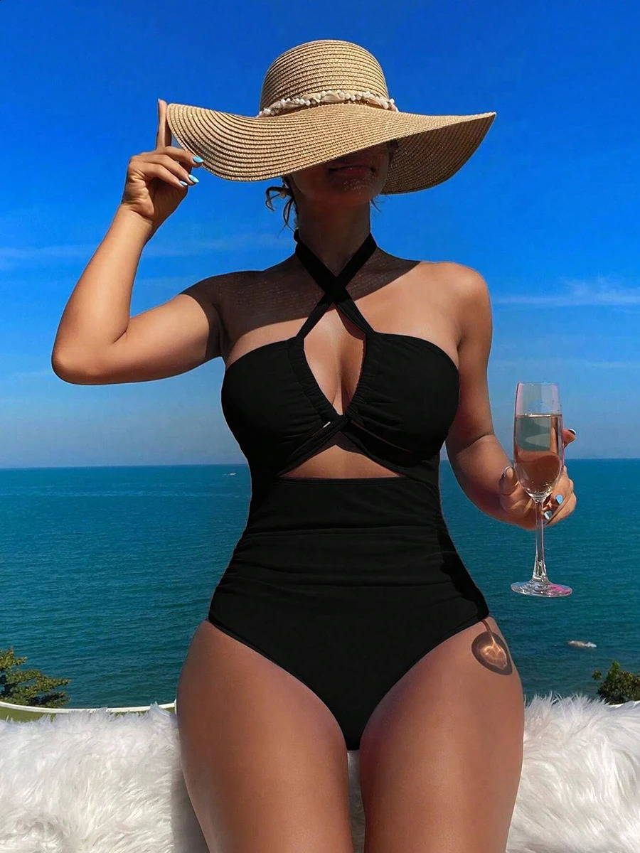 Drawstring Onepiece Women Swimsuit 2025 Swimwear Female High Waisted Bikini Bandeau Halter Bathing Suit Swimming for Monokini 250319