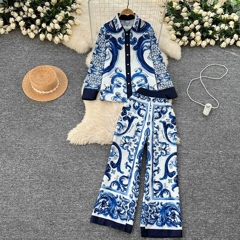 Womens Fashion Print Shirt Top High Waisted Wide Leg Pants Spring Autumn Vintage Long Sleeve 2 Piece Sets A236 250317