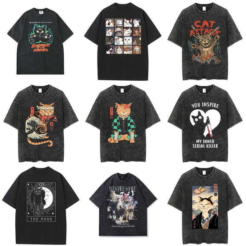 American washed vintage short sleeved t-shirt cute cat trendy brand high street hip-hop couple top outfit
