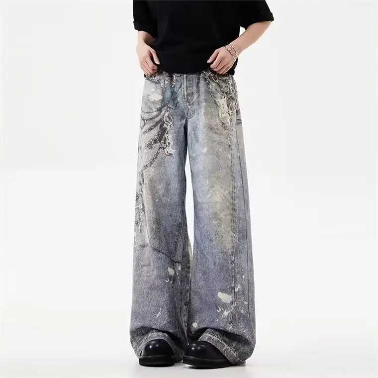 Fashionable straight leg denim jeans mens loose casual style 3D chain pendant printing Distressed Design street fashionT250319
