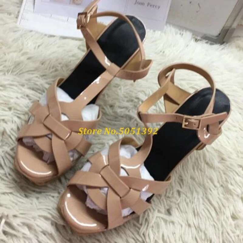 Candy Color Nude Black Patent Leather Cross Strappy Sandal Platform T-Bar High Stiletto Heels Ladies Dress Shoes Bride