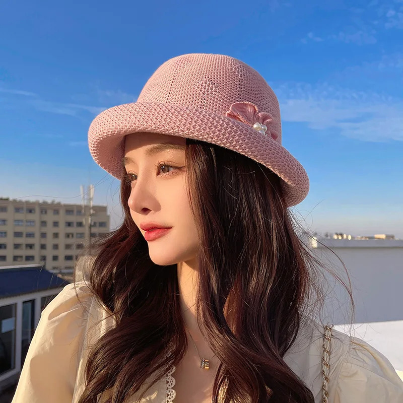 Arrival Sun Hat Female Beach Sunscreen Cap For Women Summer Curled Pearls Straw Cap Breathable Knitted Bucket Cap 250320