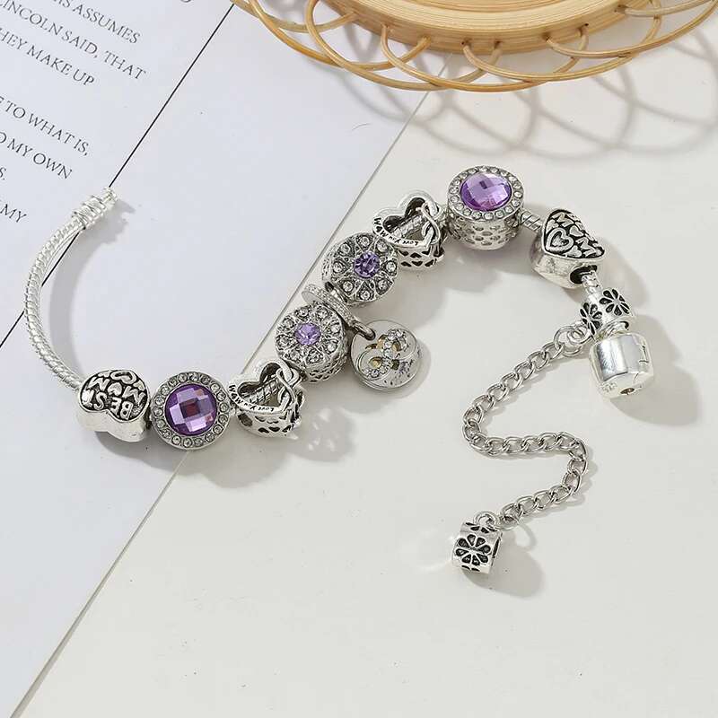 Tibetan Silver Color Gigantic Beads Bracelet Purple Crystal Charm Bracelet & Bangle For Women Mom Pulseras Jewelry Dropshipping