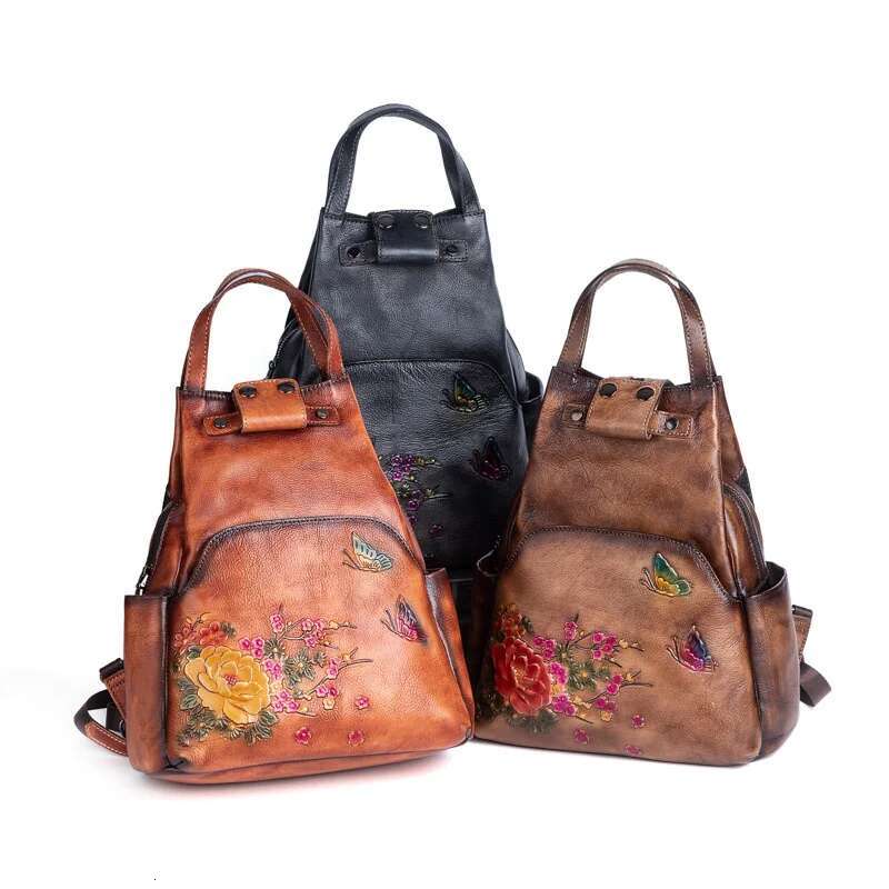 MOTAORA Ral Emed Leather Backpack For Women, Vintage Cowhide Shoulder Bag, Handmade Crossbody Purse With Adjustable Strap