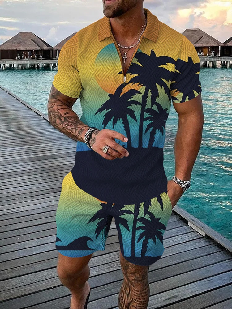 Summer Trend Mens Sweatsuit set Hawaii Beach Elements 3D Print Zipper Collar Polo Shirt And Shorts 2pcs Set Casual Man Clothing 250319